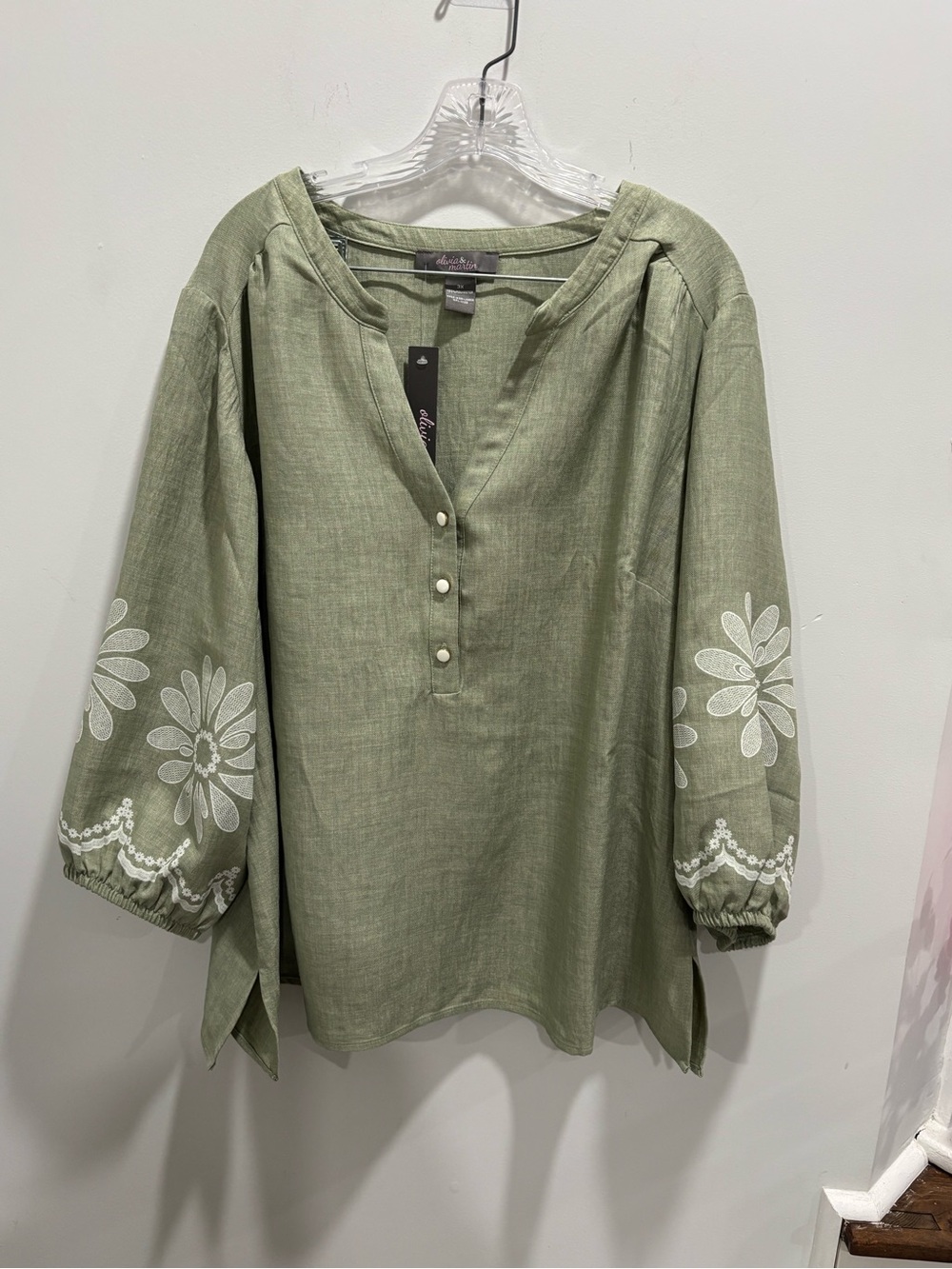 Relaxed Olive Green Embroidered V-Neck Tunic - Picture 2 of 9